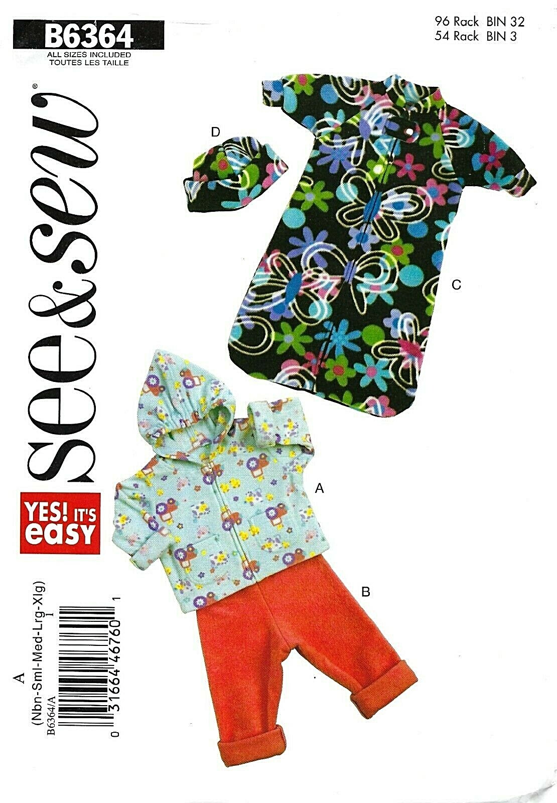 Butterick See & Sew B6364 Infant Jacket, Pants, Bunting, Hat Sz NB-XL UNCUT EASY