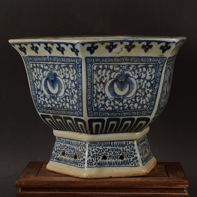8.8″ Collect China Blue White Porcelain Lotus Flower Grain Hexagon Flower Pot