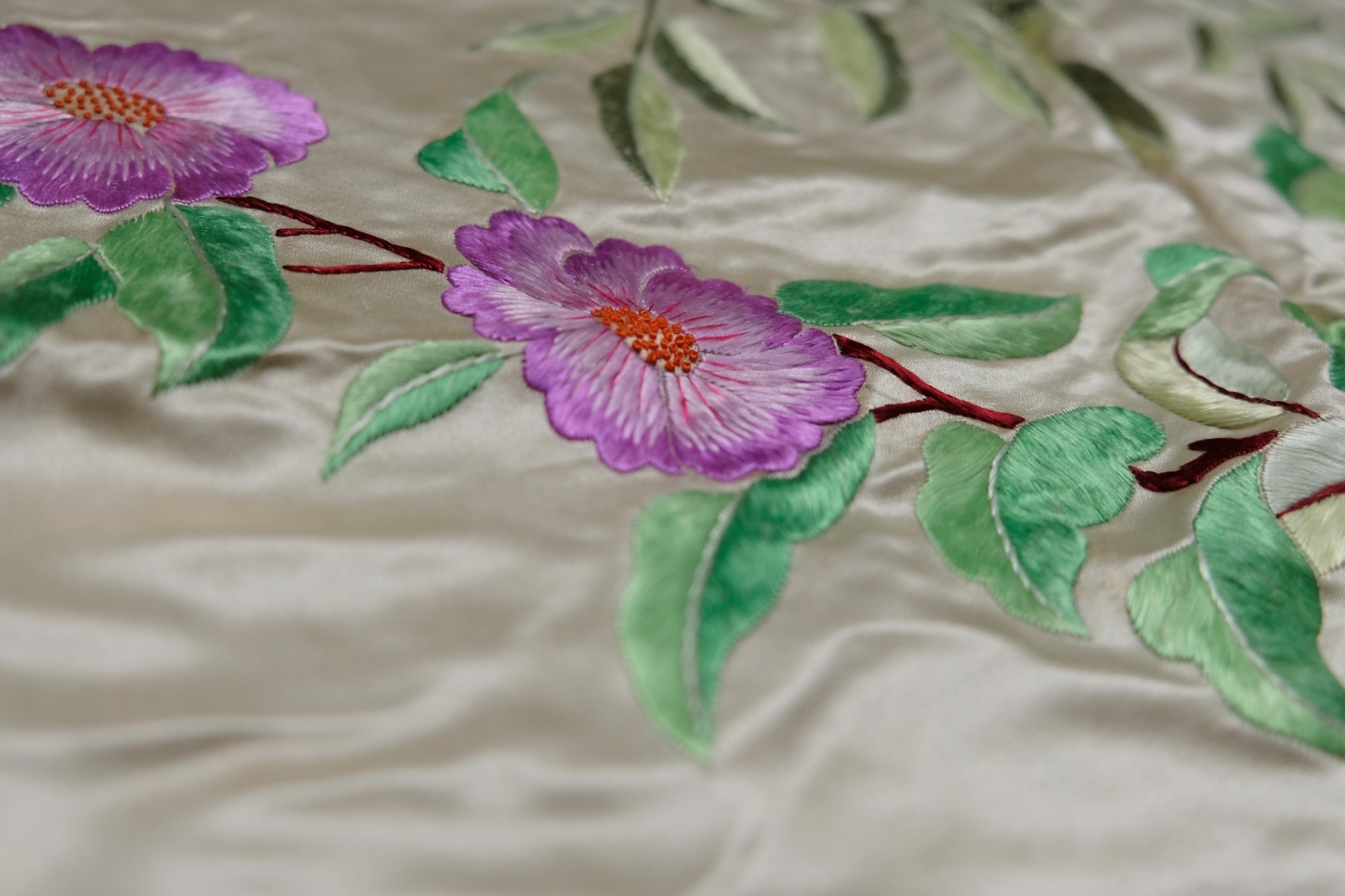 Vintage Chinese Embroidered Silk Large Panel Bed Cover 78″x87″ – never used!