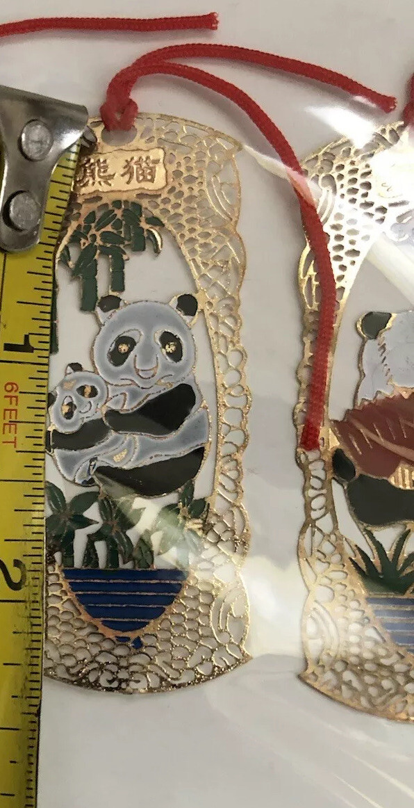 Oriental Asian Lot Of 4 Bookmarks W Panda Bears & Lucky Knot Wall Hanging VTG
