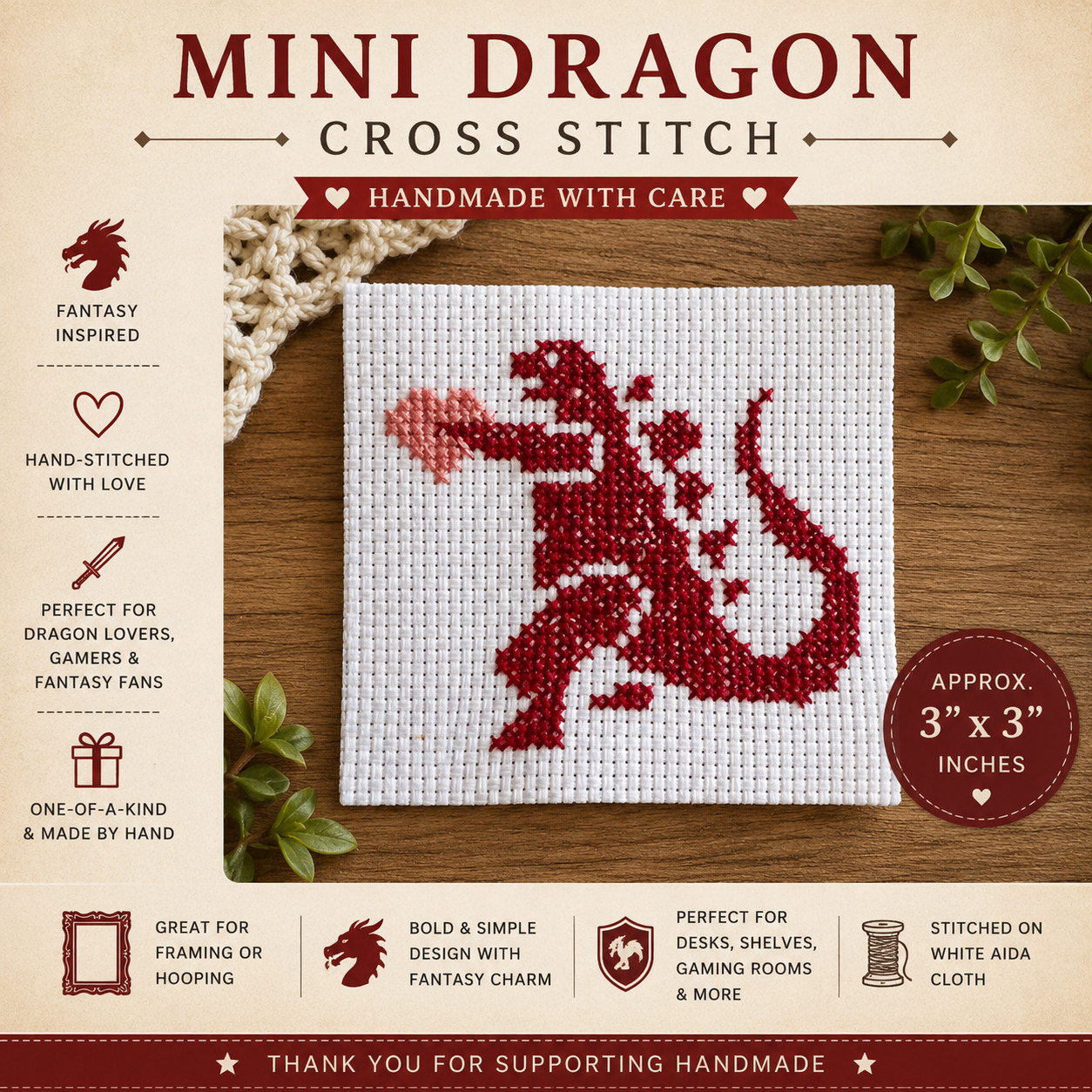 🦖 Handmade Kaiju Monster Inspired Cross Stitch | 3″ x 3″ | Geek Decor | Gaming
