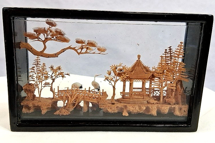 2 Chinese Scene 3D Hand Carved Cork Dioramas Black Lacqured Wood & Glass Cases