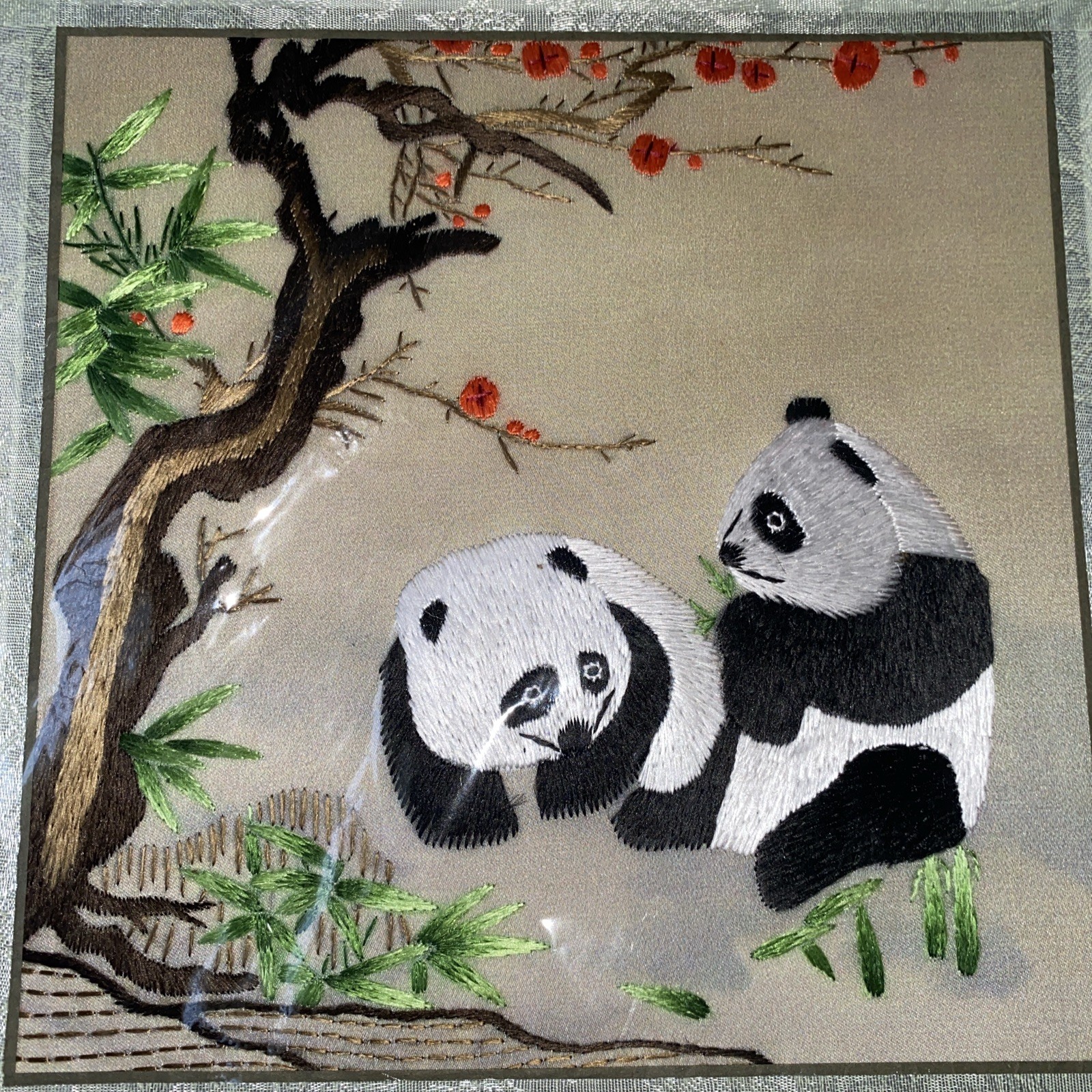Chinese Asian 100% Silk Tapestry Embroidery Pandas 16″ x 17″ AS IS