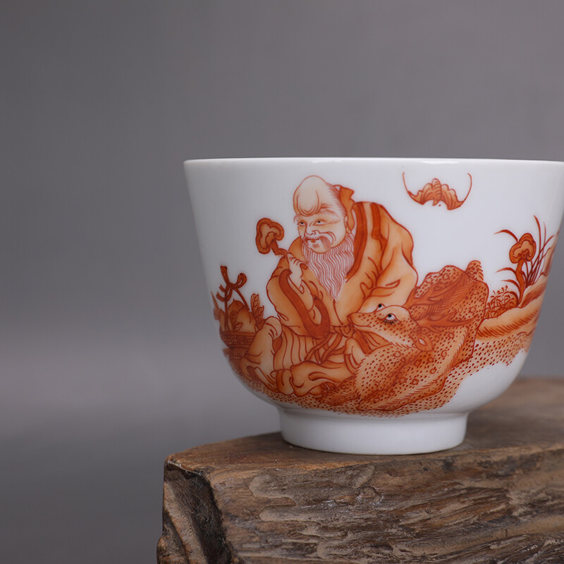 3.6″ Collect China Qing Porcelain Alum Red Longevity God Deer/Bat Cup ‘玩玉’
