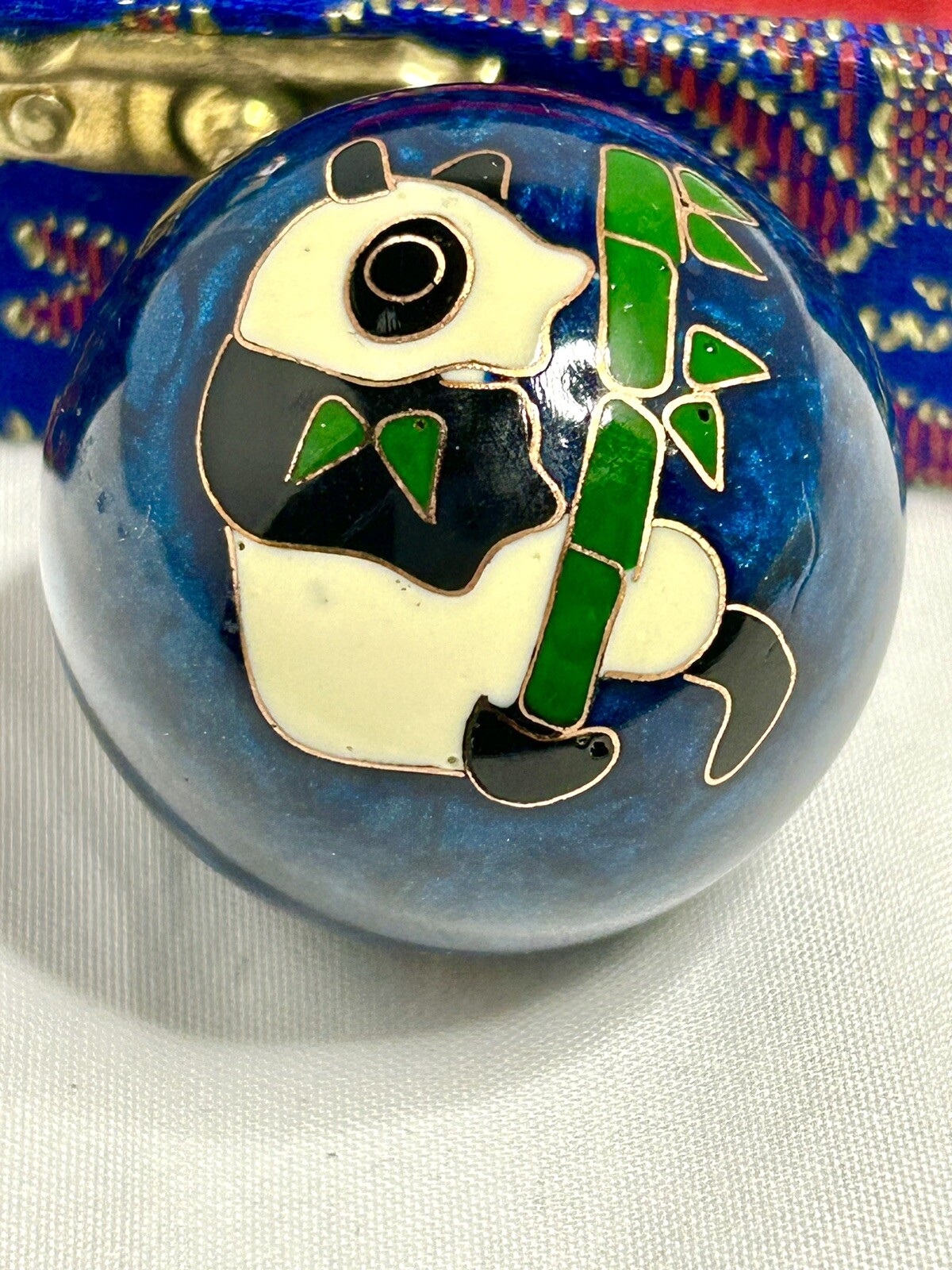 Cloisonné Chinese Meditation Balls Blue Panda Bamboo Swirl Enamel Set In Box