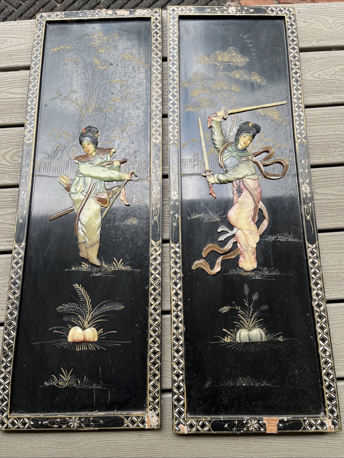 Vintage 2pc Black Lacquer Japanese Mother Of Pearl Wall Art Panel 36” H 12” W