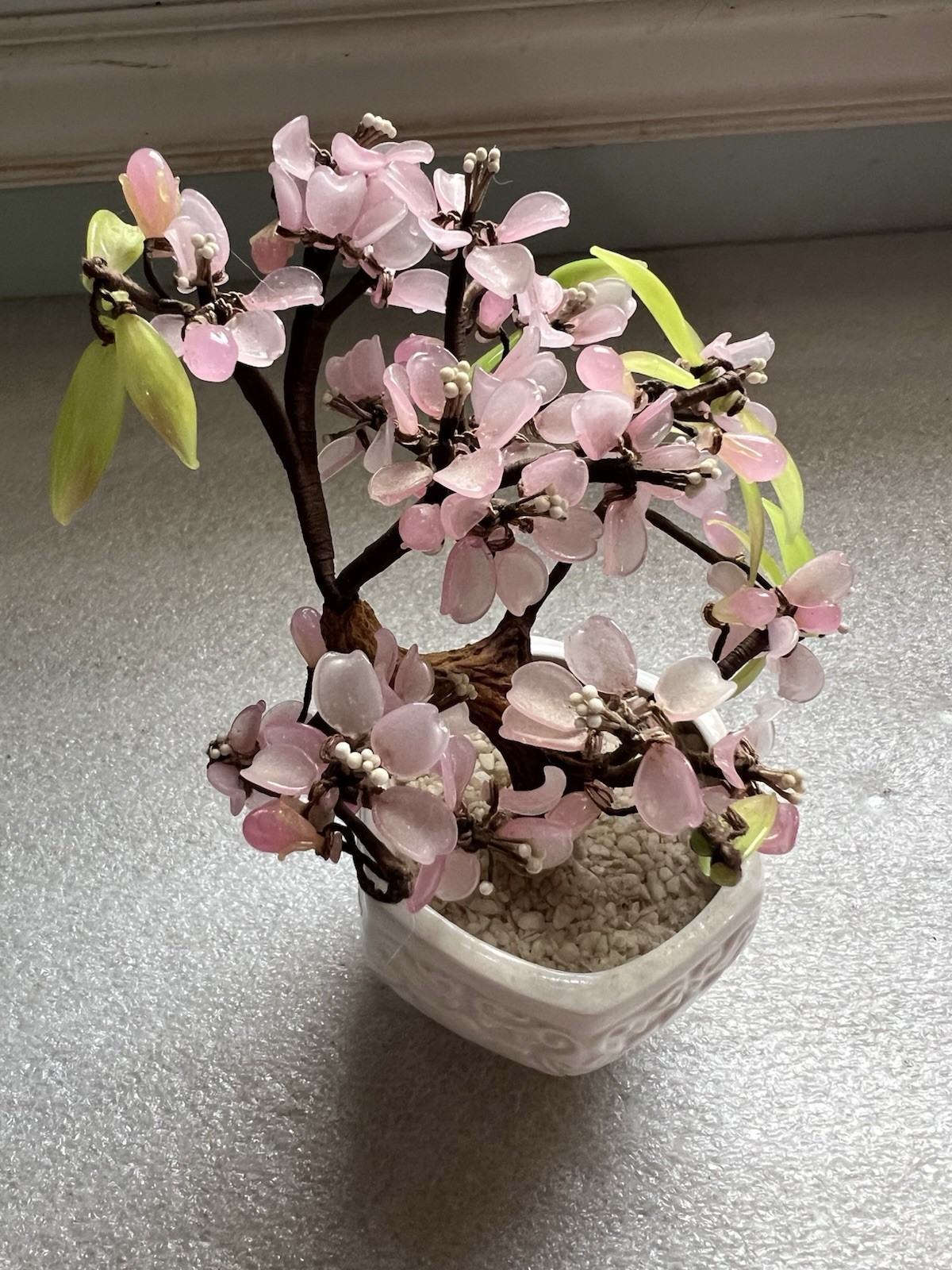 Vintage Jade Glass Bonsai Tree Pink Flowers in Celadon Pot 7.5 x 5”