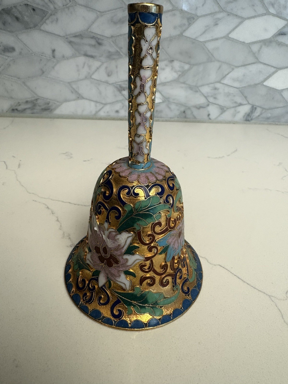 Vintage Chinese Cloisonne Enamel Floral Gold Metal Bell