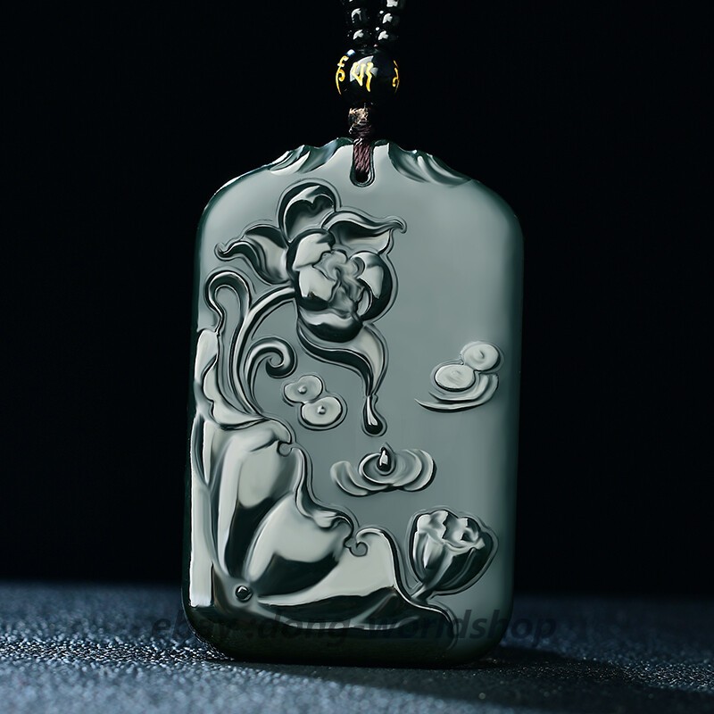 Chinese Hetian Gray Jade Hand Carving Lotus Pond Lotus Flower Cyprinoid Pendant