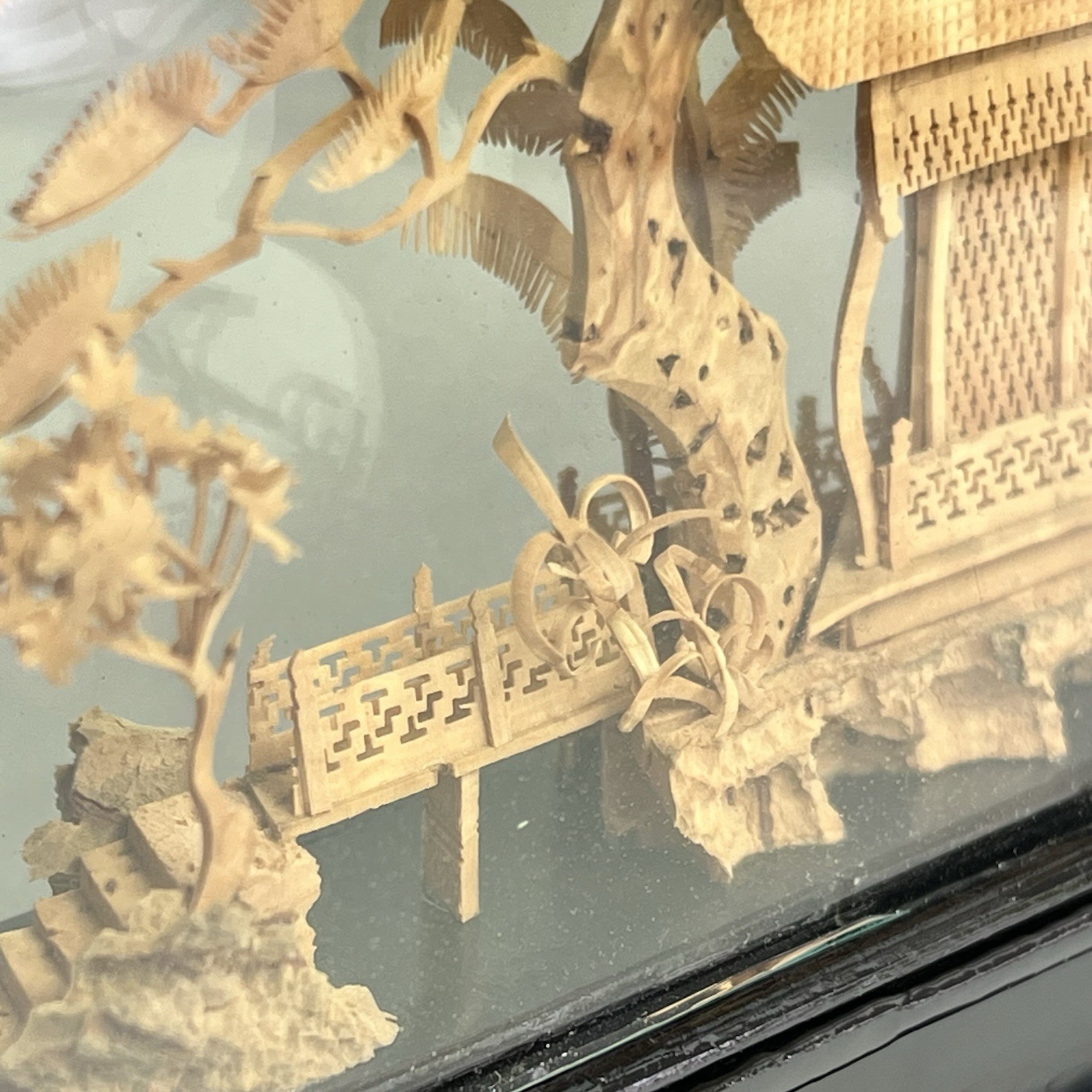Vtg San Diorama Cork HandCarved W/ Pagoda Trees & Cranes In Glass Case 6X7”