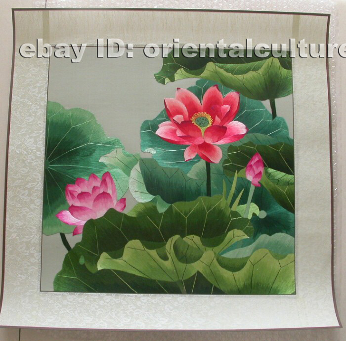 Chinese 100%hand embroidered silk brocade mounted suzhou embroidery:Lotus flower