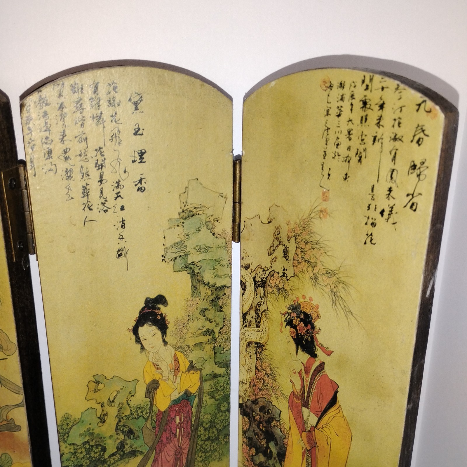 Vintage Chinese Folding Table Top Screen Handpainted 4 Panel 2 Sided Wooden