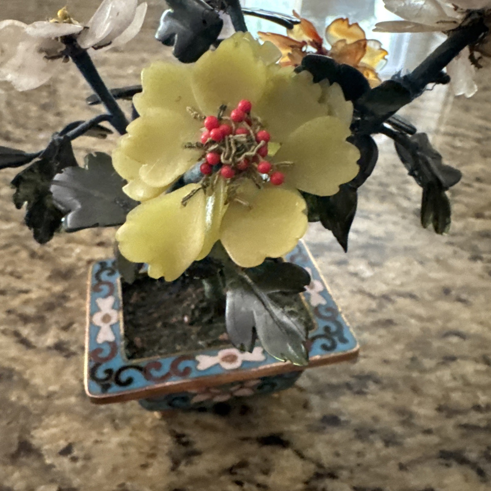 VINTAGE ORIENTAL JADE FLORAL TREE IN CLOISONNE POT ARRANGEMENT