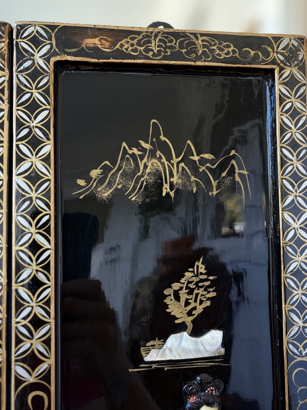 2 Vintage Asian Mother Of Pearl Inlay Black Lacquer Wooden Wall Panels
