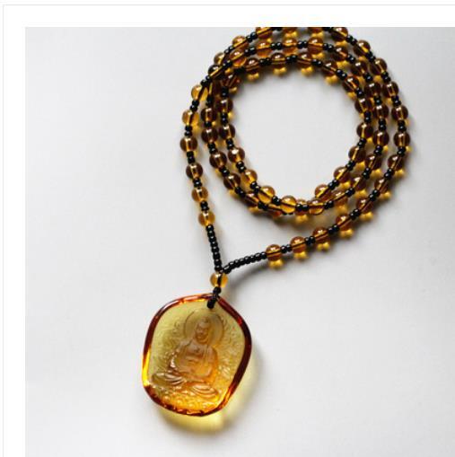 Collect Chinese Yellow Coloured Glaze Carving Buddhism Amitabha Buddha Pendant