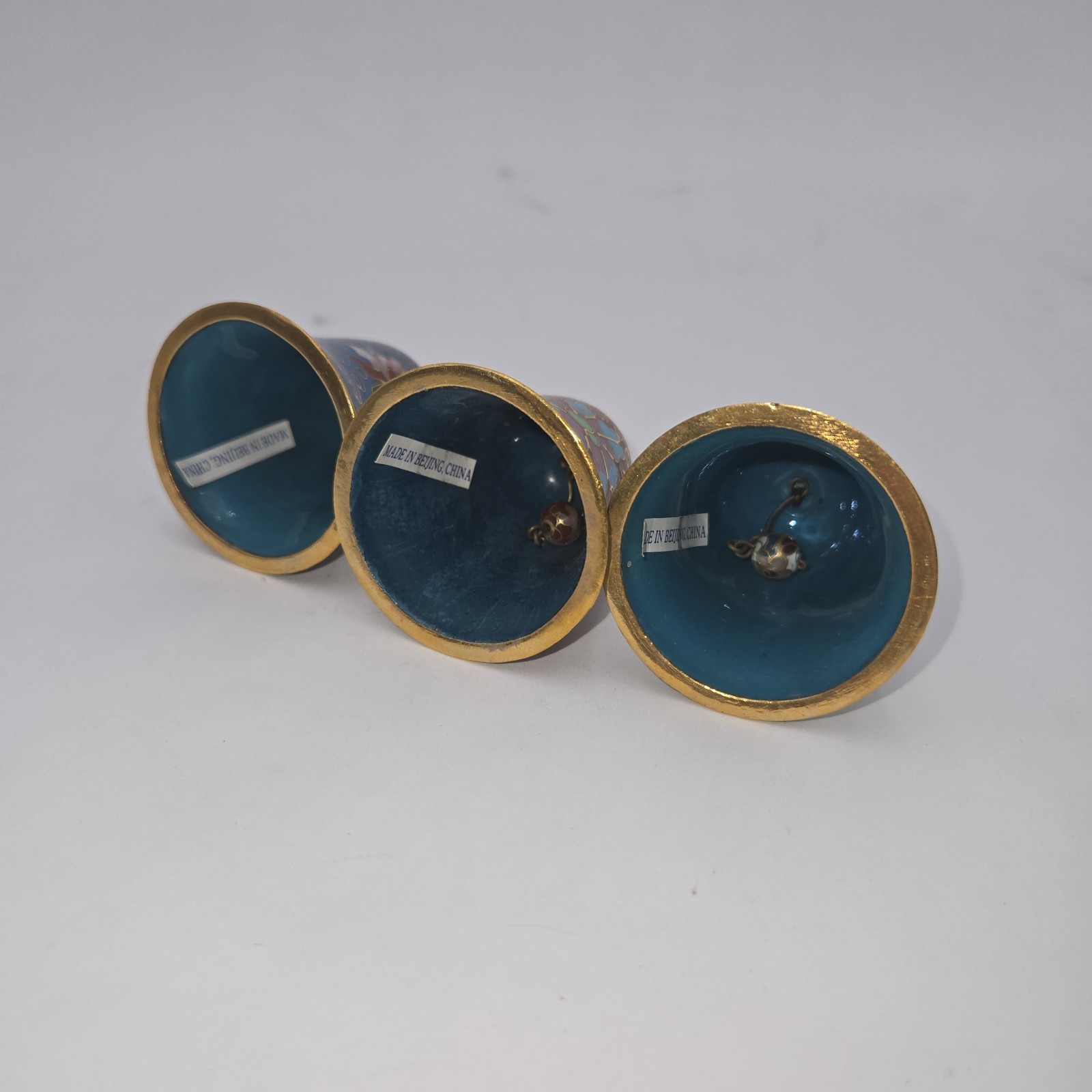 Vintage Chinese Cloisonné Bells Set of 3 Brass Enamel Ornaments Boxed 1980s