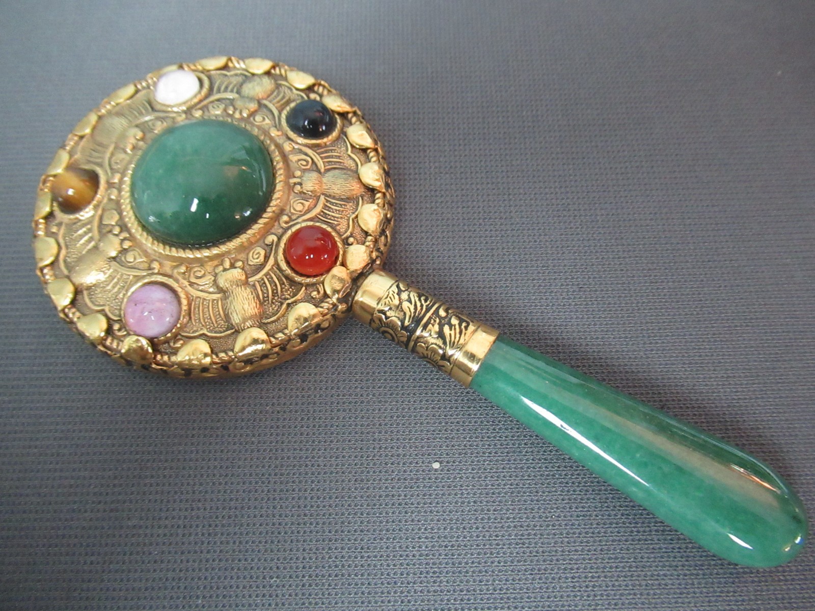 Vintage Chinese Small Hand Mirror Jade Handle Gold Tone Gemstones w/ Cover g6 bz