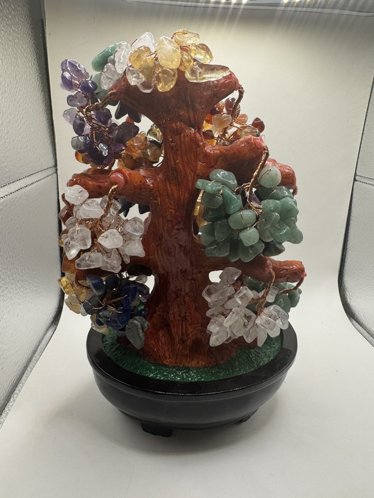 Vintage Jade Glass Bonsai Tree Set In A Celadon Pot, multi colored beautiful