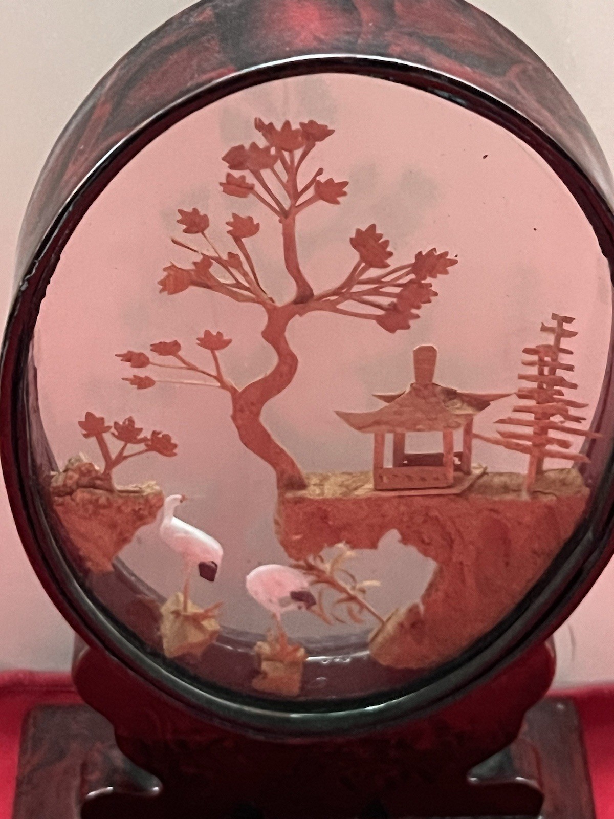 8” CHINESE 3D CARVED CORK ART DIORAMA OVAL GLASS SHOWCASE CRANES PAGODA TREES
