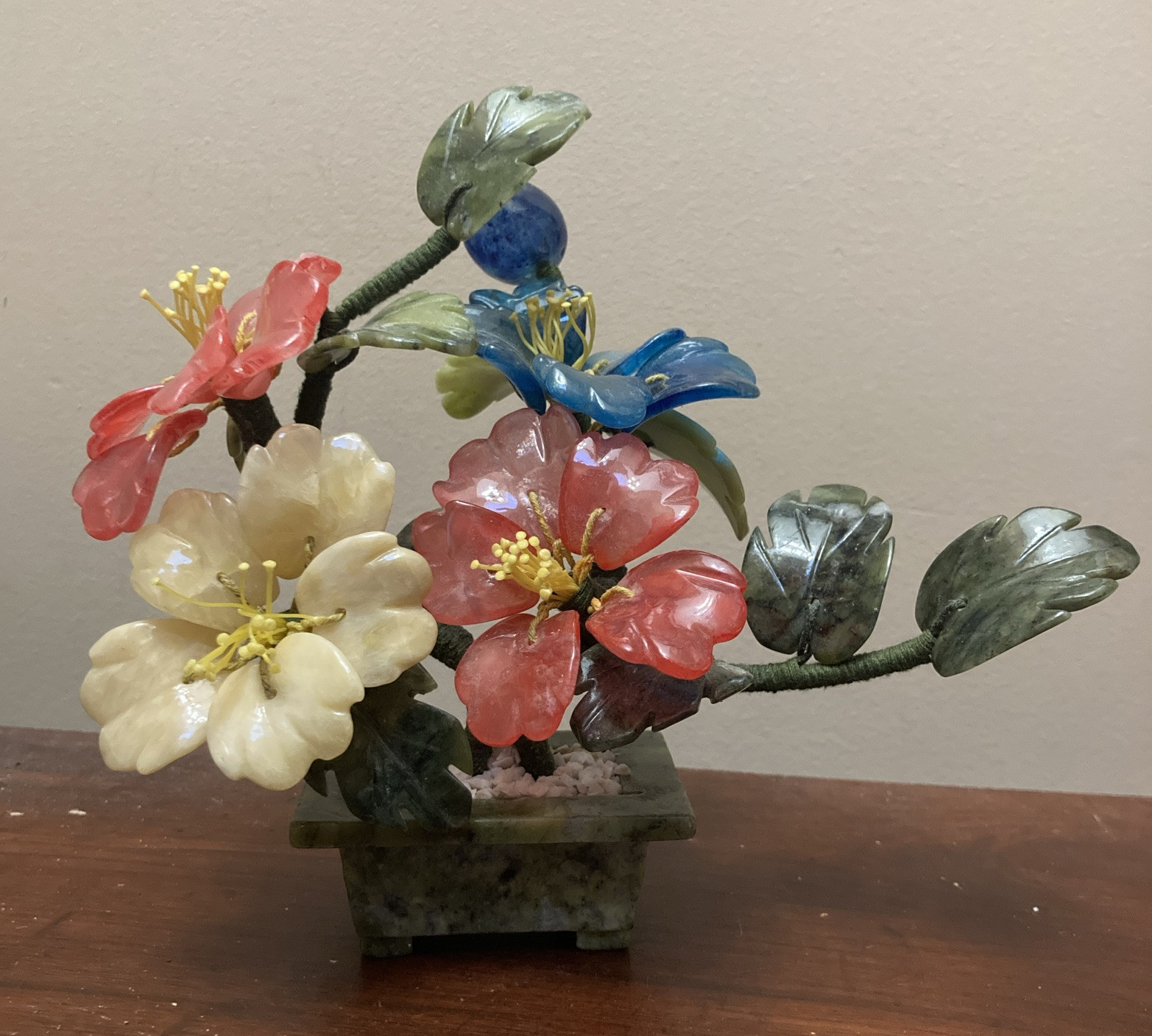 VTG Japanese Chinese Oriental Asian Jade Glass Flowering Bonsai Tree Celadon Pot