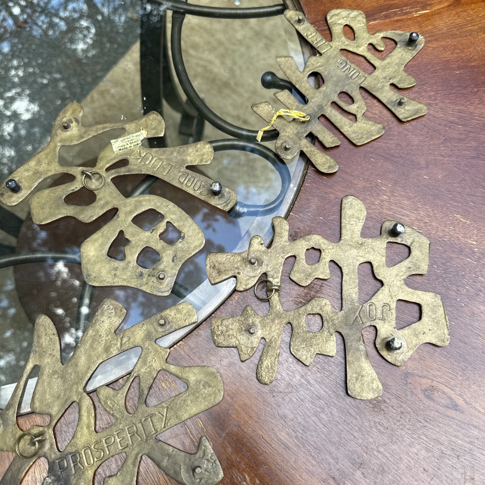 Vtg Chinese Brass Symbols (4) Wall Hanging/Trivet – Long Life – Good Luck 10″