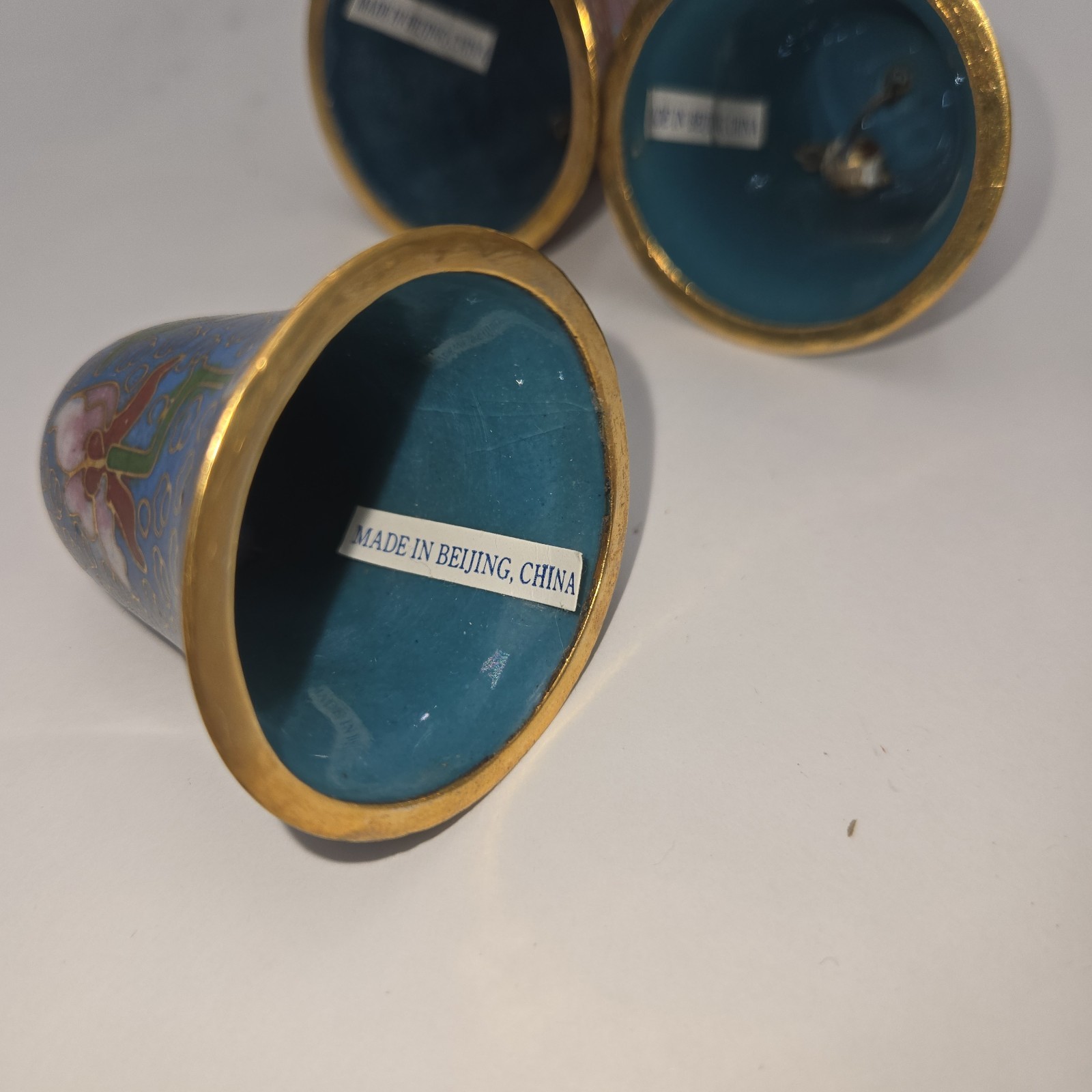 Vintage Chinese Cloisonné Bells Set of 3 Brass Enamel Ornaments Boxed 1980s