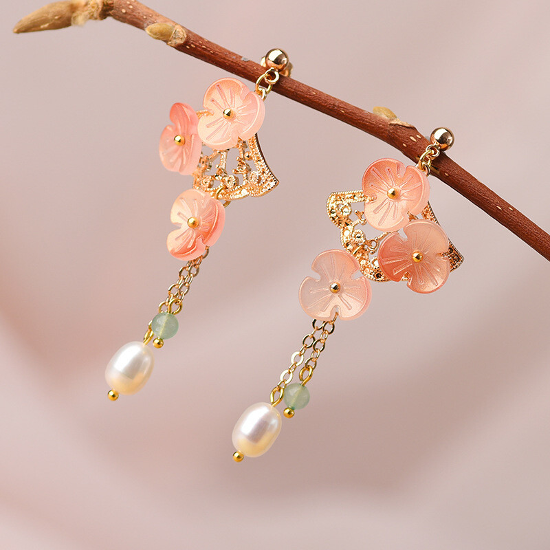 Chinese Dongling Jade/Coloured Glaze/Pearl Tibetan Style Vogue Earbob Earrings