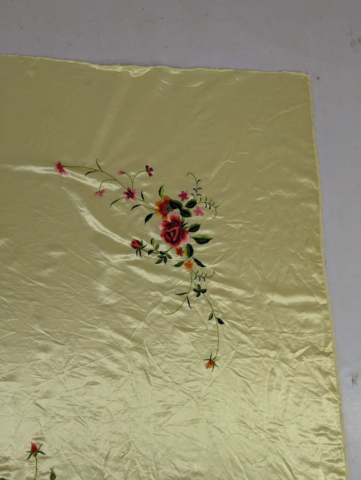 Vintage Chinese Embroidered Floral & Mandarin Ducks Silk Textile 74x56in