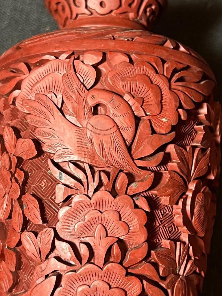Old Chinese Antique Hand Carved Cinnabar Red Lacquer Vase Urn QING Blue Enamel