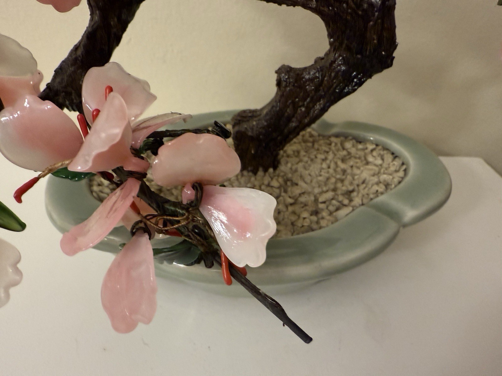 Vtg Asian Jade Glass Flowering Pink Cherry Blossom Bonsai Tree Ceramic Pot 8×9”