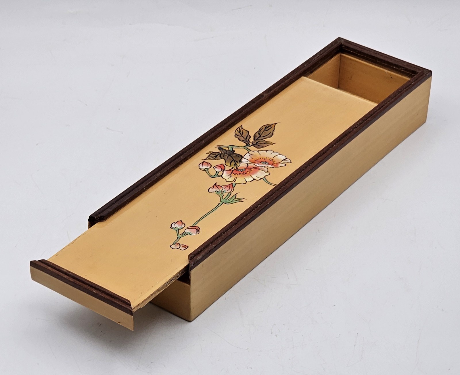 Vintage Chinese Acrylic Faux Wood Hand Painted Trinket Pencil Sliding Box GREAT!