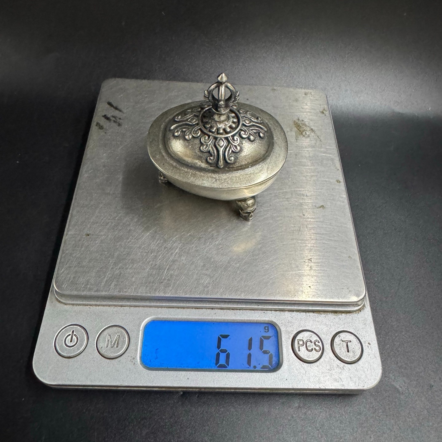 Tibetan White Copper Incense Burner Skull Leg Vajra Lid Mini Meditation Censer