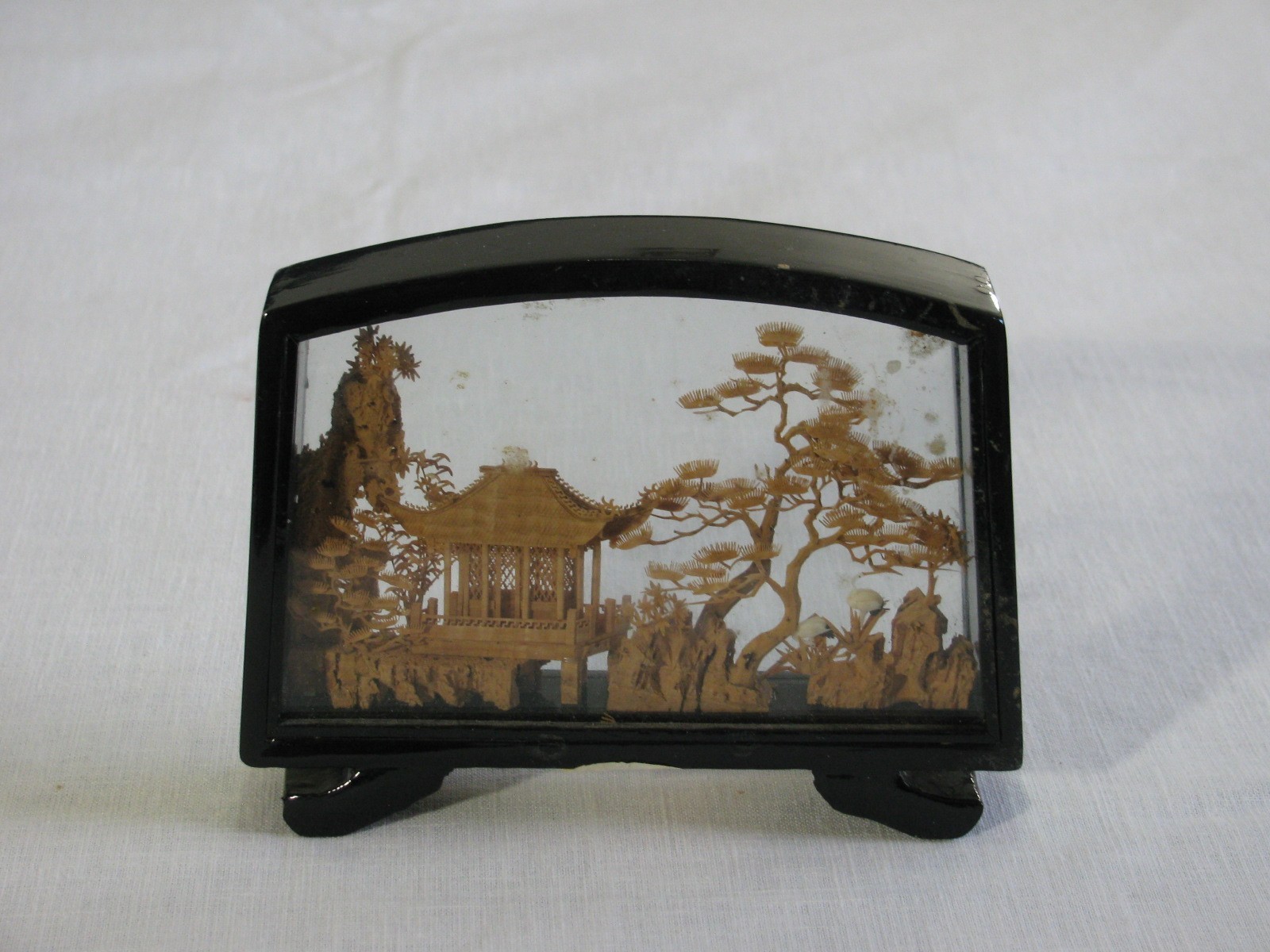 Vtg Chinese Carved Cork Pagoda/Cranes Diorama w/Lacquered Shadow Box Frame