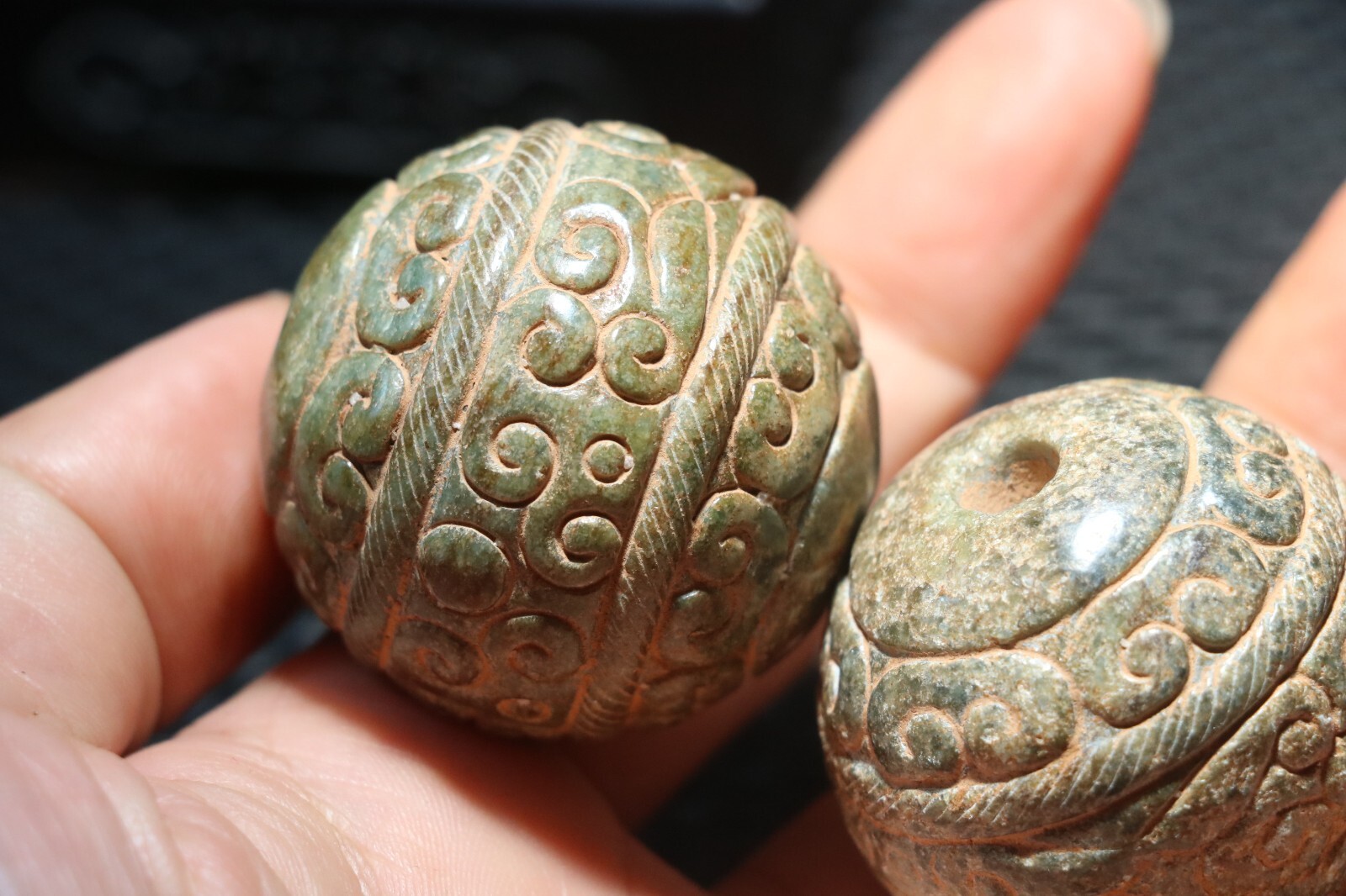 A Pair Exquisite Chinese Hetian Old JADE Linking Fortune Large Ball Sphere 40MMs