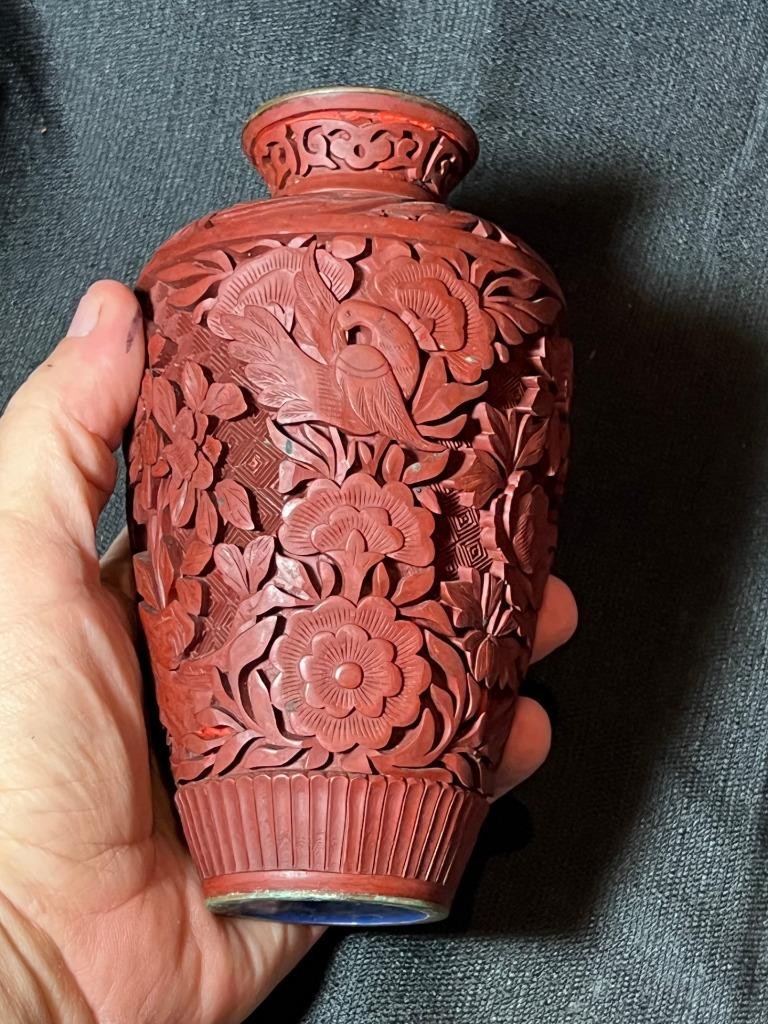Old Chinese Antique Hand Carved Cinnabar Red Lacquer Vase Urn QING Blue Enamel