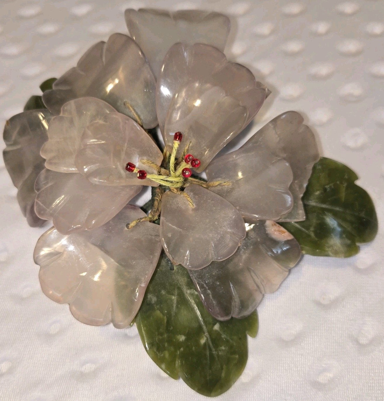 Vintage Oriental Carved Jade & Amethyst Stone Flower