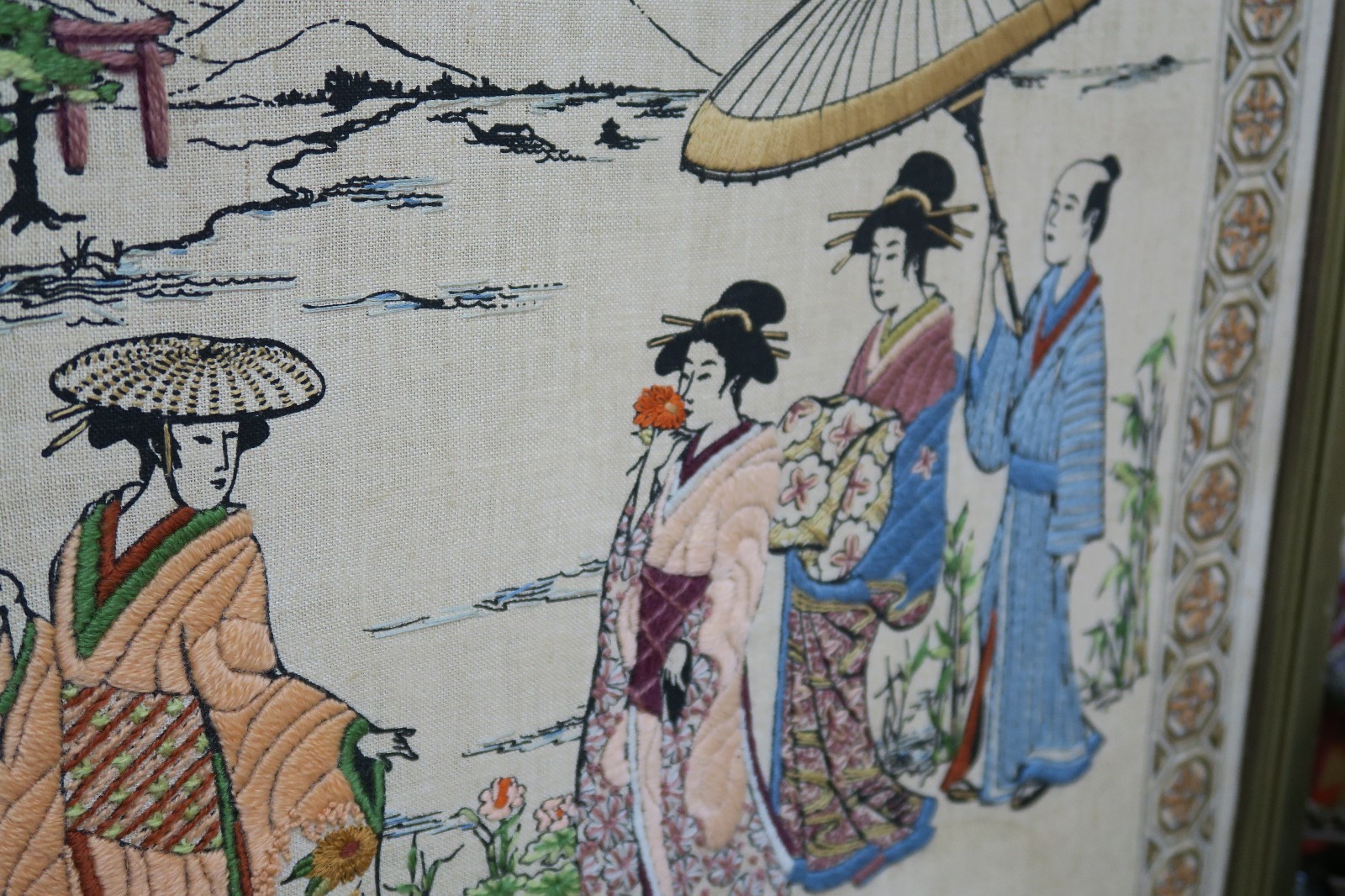 Asian Embroidery Over Painted Canvas Geishas Framed 19″ x 29″ – 22″ x 32″