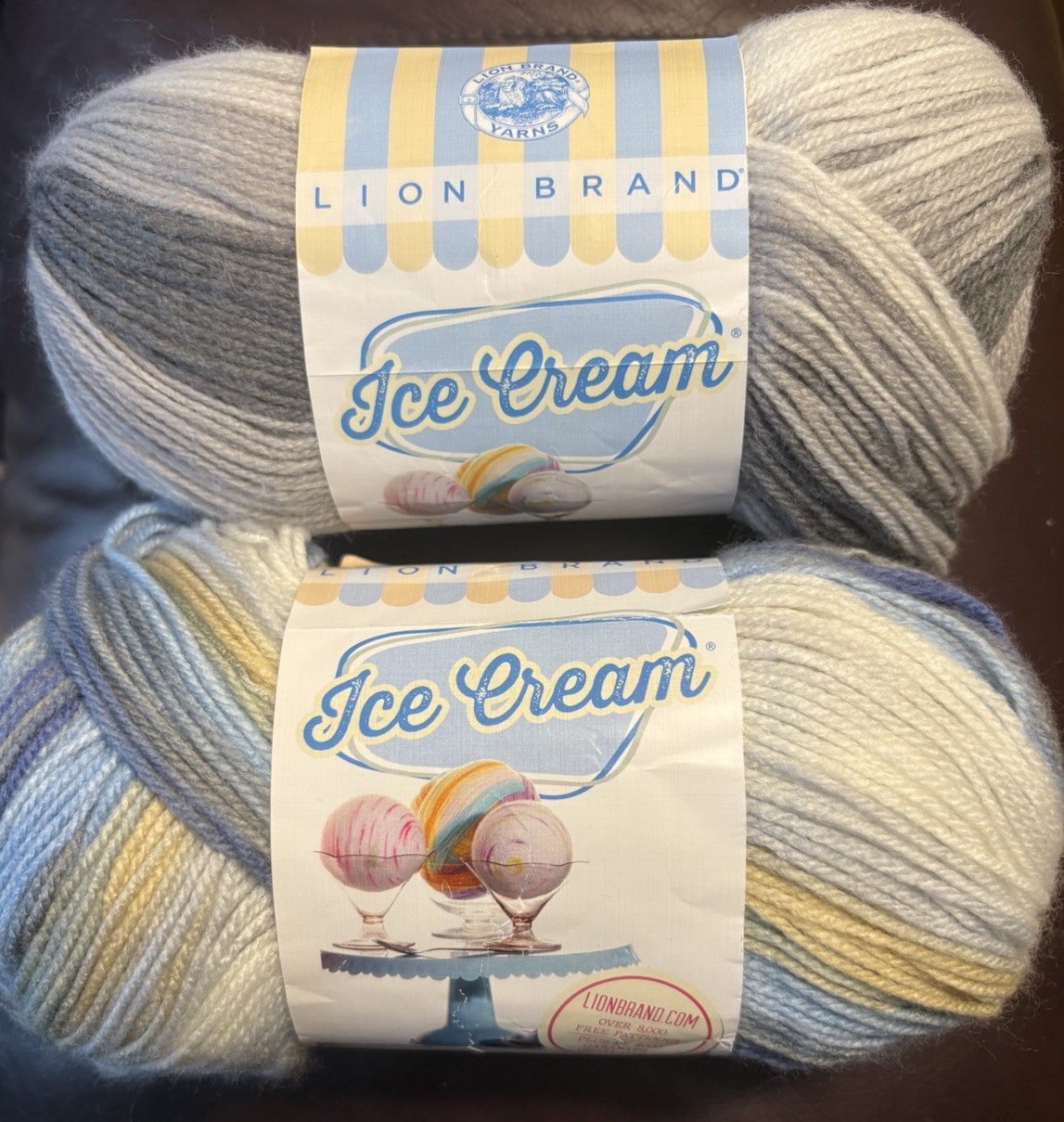 (Lot of 2) Lion Brand Ice Cream Yarn DK 3 Baby Self-Striping Acrylic Blue Gray