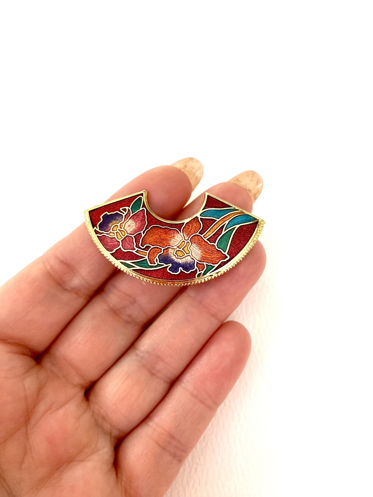 VTG Chinese Cloisonne Purple 2″ Floral Red Enamel Fan Shape Brass Gold Border