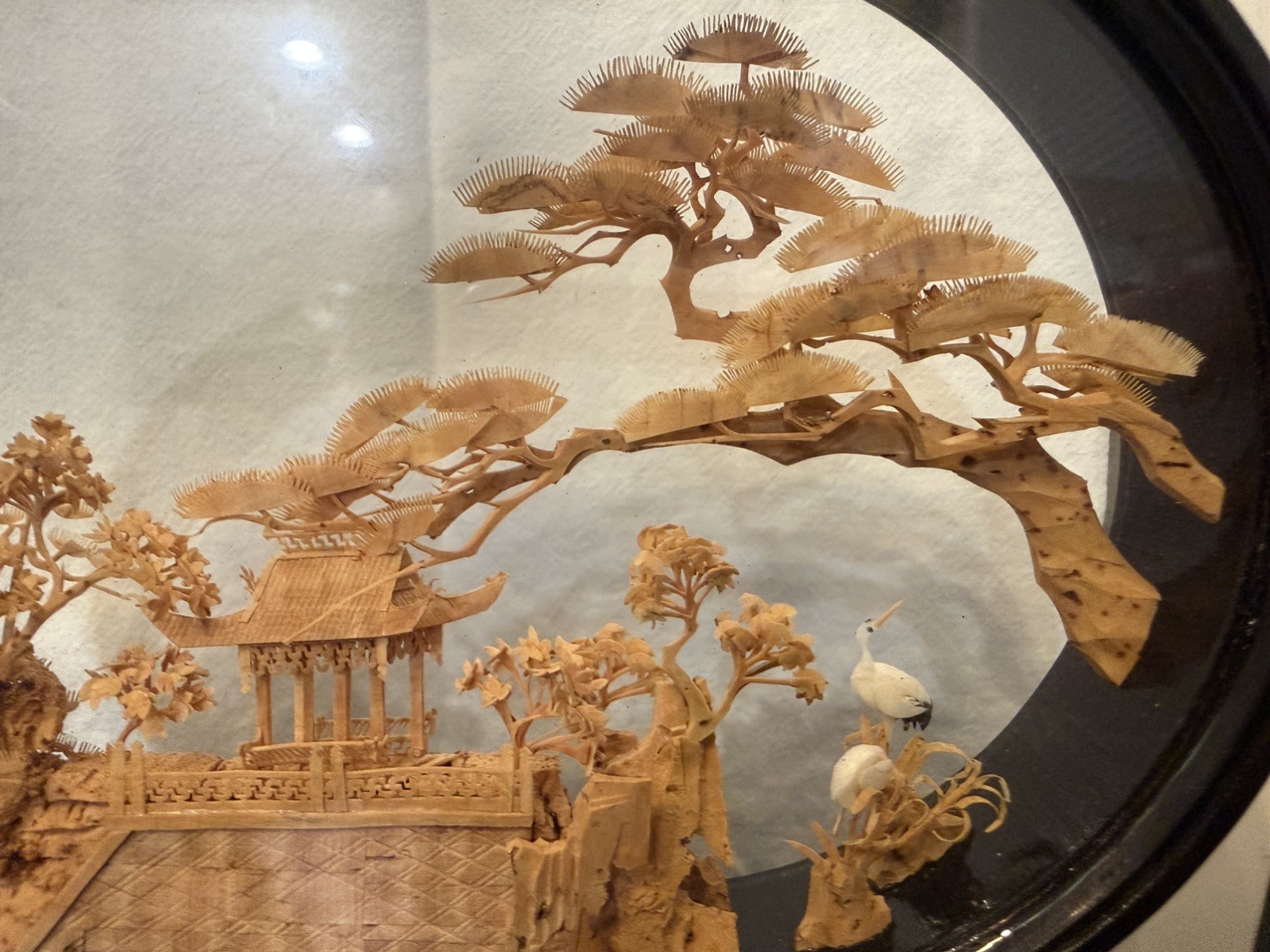 MCM Vtg. Carved Cork Chinese Art Diorama w/Cranes Pagoda and Trees Black Lacquer