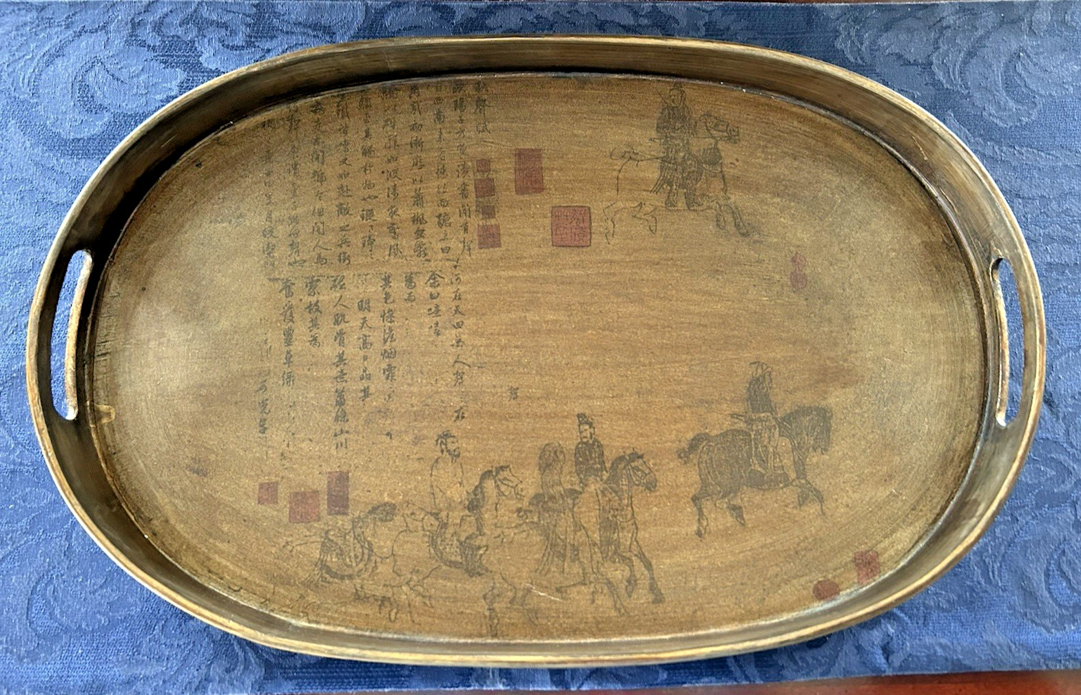 Vintage Chinese Wooden Oval Tray w/ Hand Painted Equestrian Scene, Calligraphy