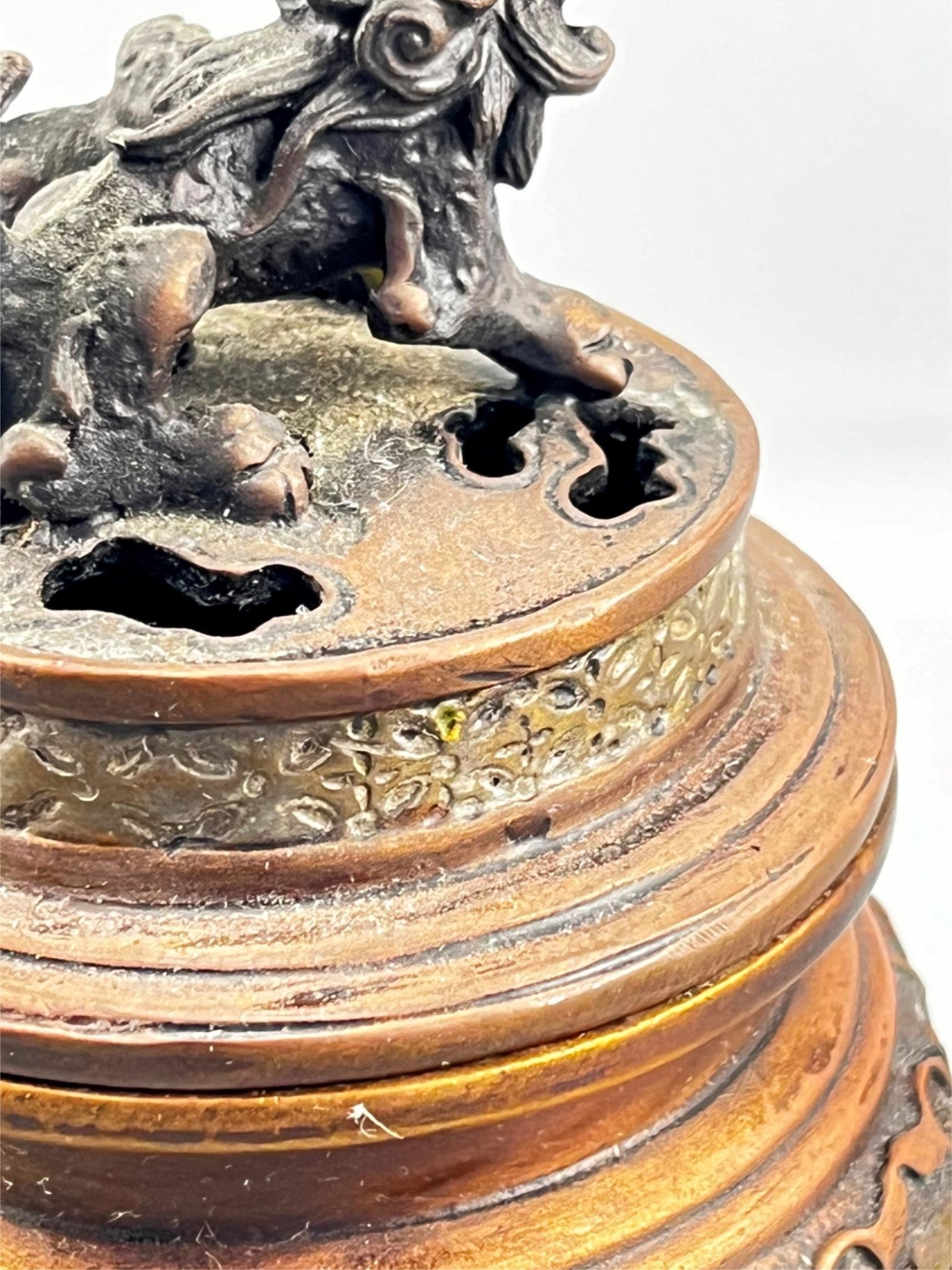Antique Chinese Metal Bronze Brass Foo Dog Lion Ornate Incense Burner