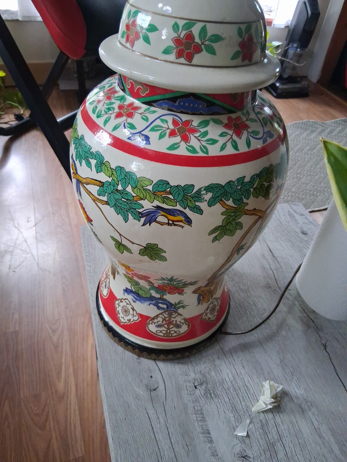 RARE Vintage Chinese Hand-Painted Famille Bird Porcelain Large Lamp