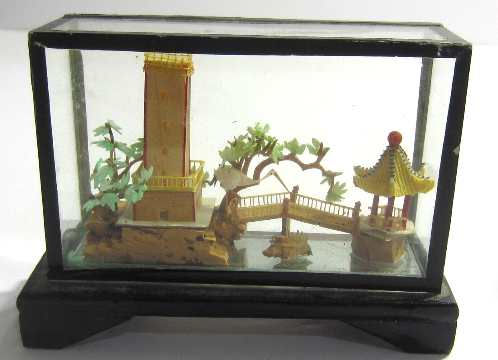 Vintage Miniature Oriental Diorama Carving Crane Pagoda Trees