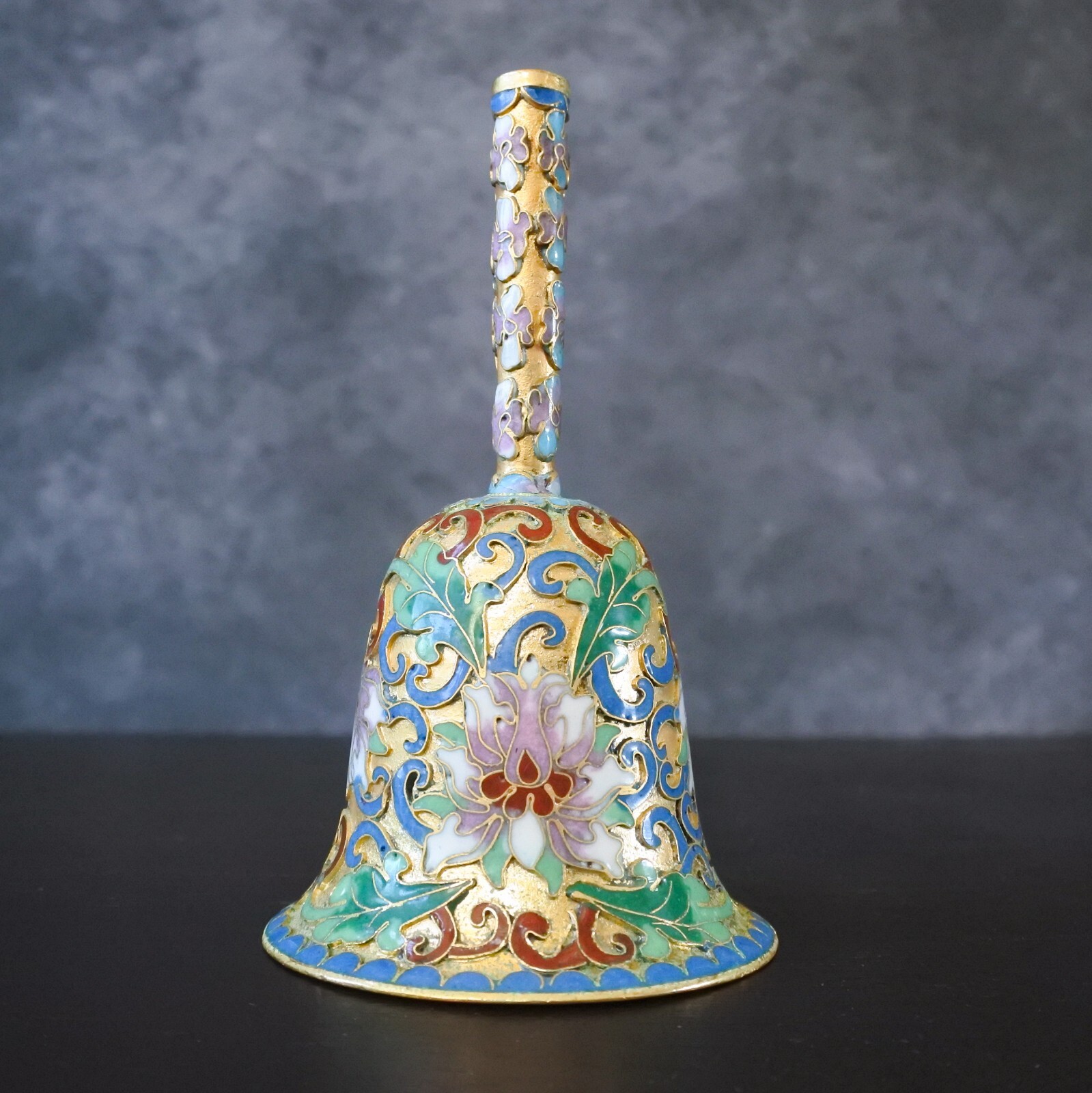 Vintage Chinese Cloisonne Enamel Floral Gold Metal Bell