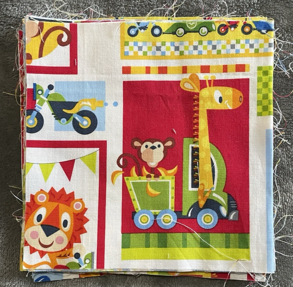 Cotton Animals and Cars Kids Fabric Print 23 Inch Piece and 23 6.5 x 6.5 Squares