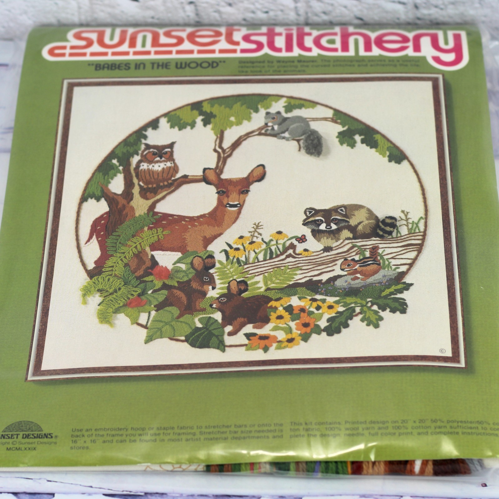Vintage Crewel Embroidery Kit Woodland Scene Forest Animals Deer Raccoon Owl