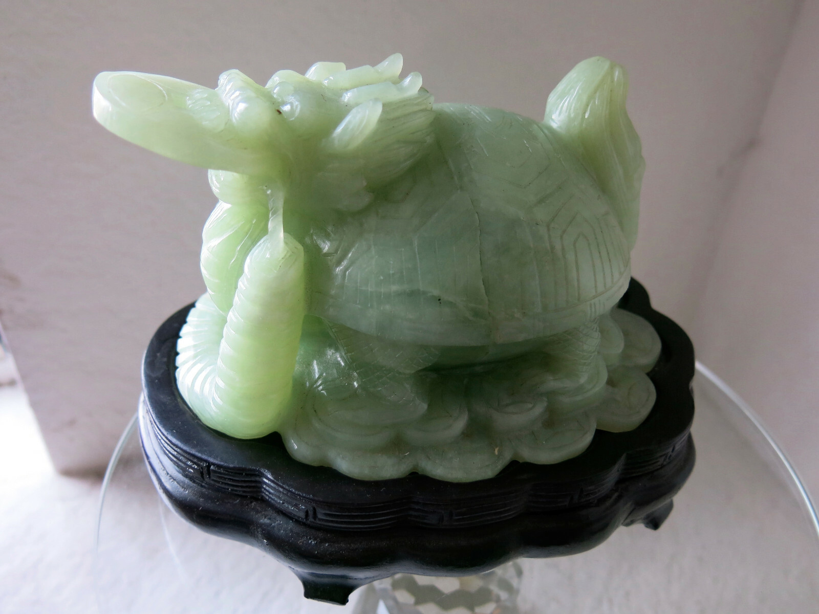 Asian Carved Jade Turtle – Many Symbols: Foo Dog Head, Coin in Mouth