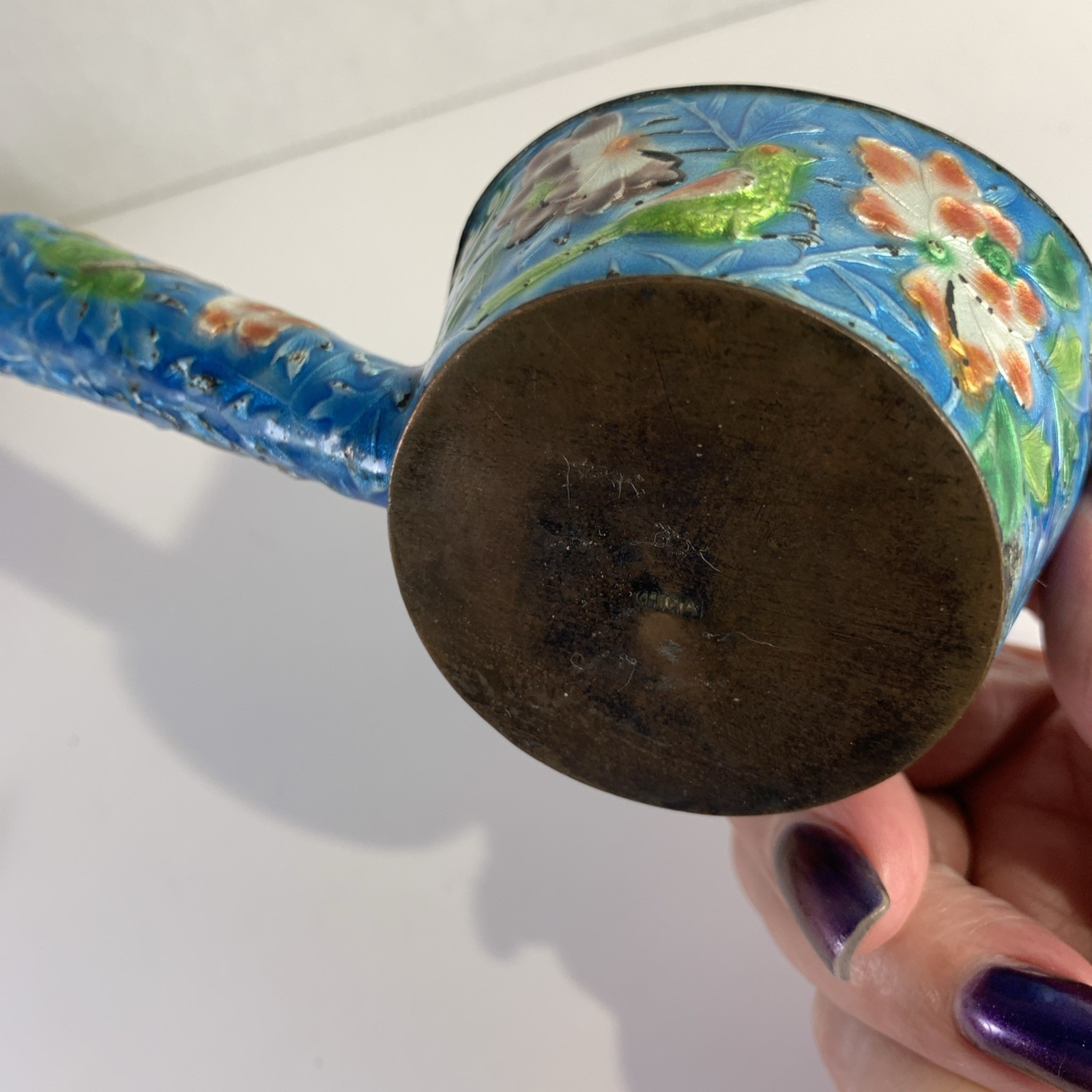Antique Chinese Cloisonné Silk Iron Turquoise Bird Floral Dipper Scoop Qing Dyn