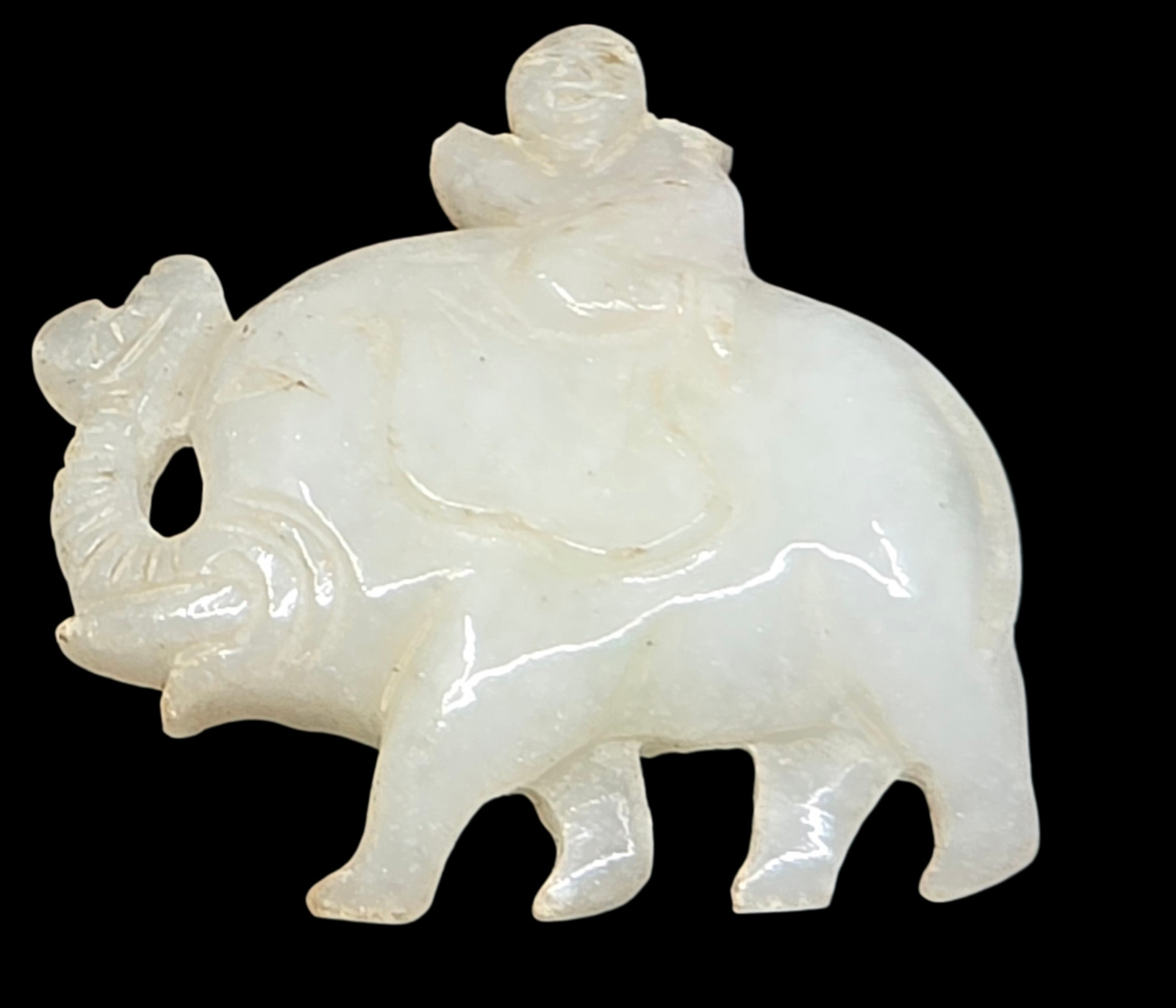Chinese Hand Carved Icy White Jade Elephant Pendant – Boy Riding Elephant